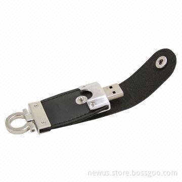 Leather USB Flash Drive with Shiny Keyring and 64MB to 32GB Capacity, Customized Colors Welcomed